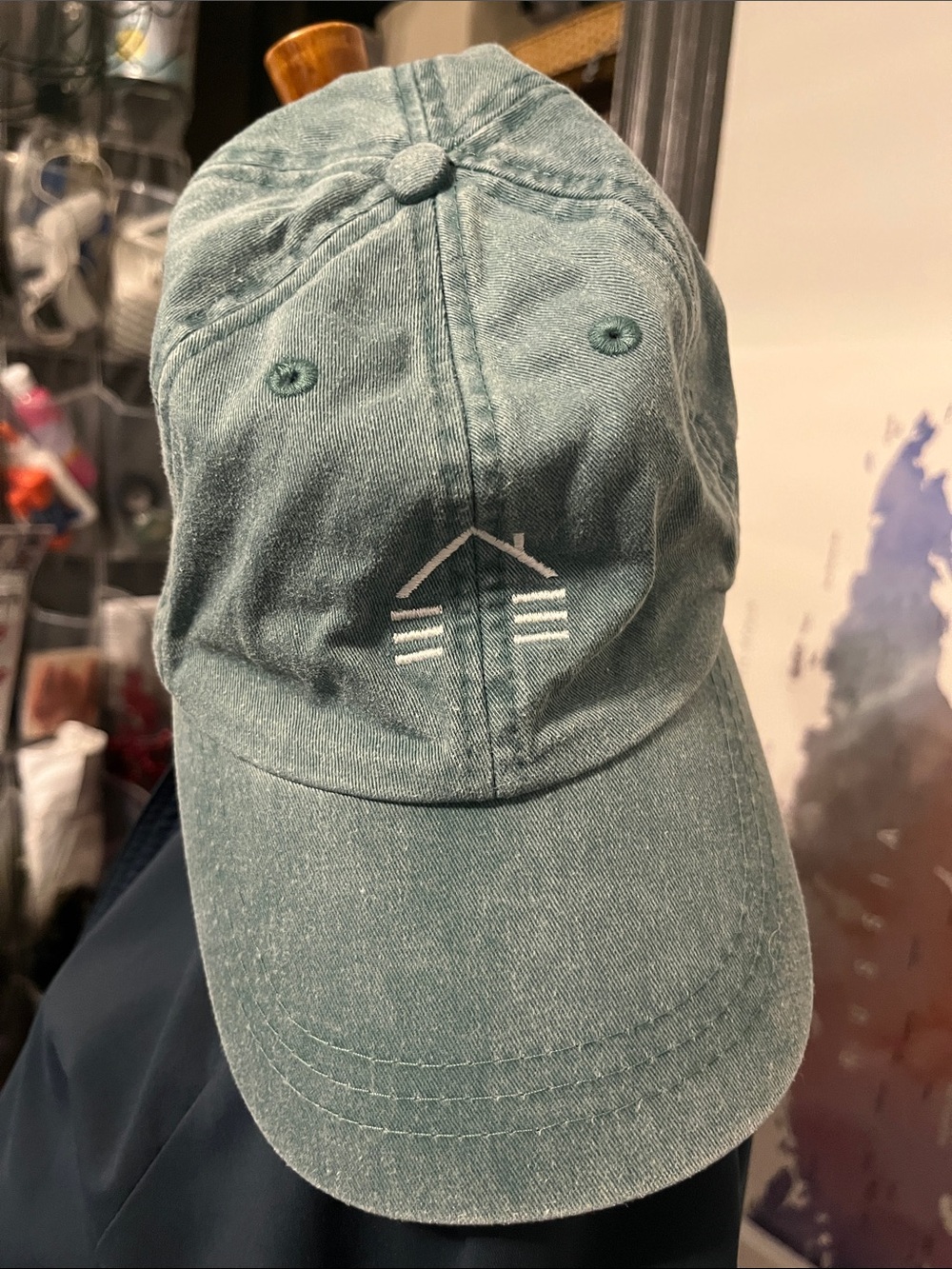 Washed Green Baseball Cap with Minimalist White Logo and leather strap